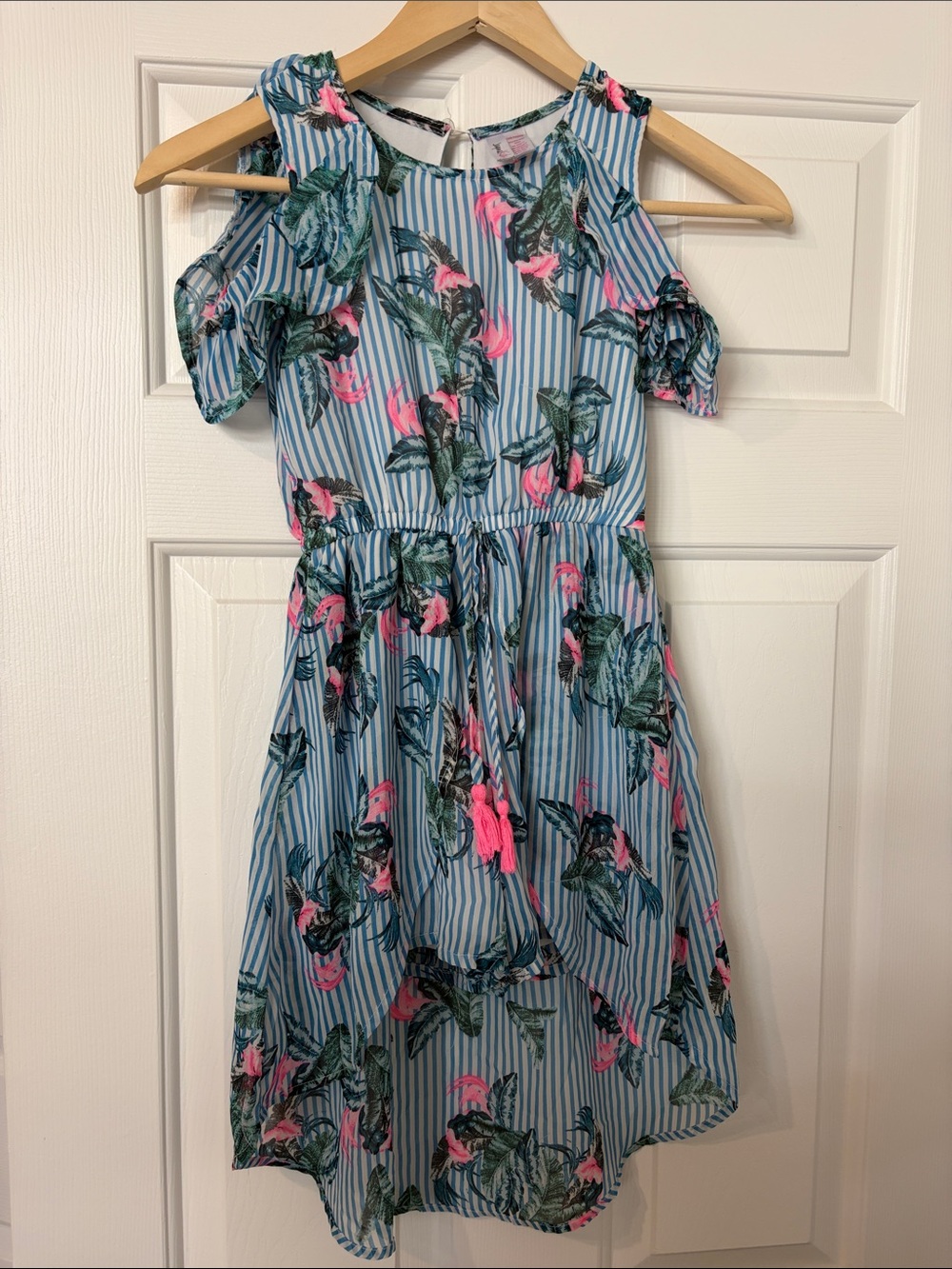 Blue Striped Cold-Shoulder Dress with Pink floral Print